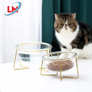 Glass Pet Cat Bowl Food Feeders With Gold Iron Frame Drinking Water Bowl with Stand Lead-free Pet Products