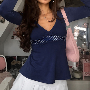 <b>Women's</b> Vintage Breathable V Neck Long Sleeve T Shirt Knitted Slim Fit Peplum <b>Top</b> Polka Dot Waistband Casual Spring Summer - Product Image 4