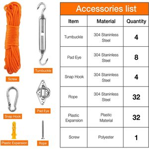 ชุดอุปกรณ์ยึดสแตนเลสแบบเกี่ยว M6 พร้อมตะขอเกี่ยว เชือกขนาด 8 มม. ตัวล็อคแบบปิดขนาด 60 มม. อุปกรณ์เสริมสำหรับผ้าใบกันแดดกลางแจ้ง - Product Image 2