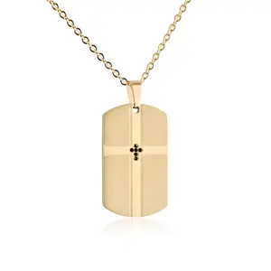 Custom Logo Cross Pendant Necklace Stainless Steel Gold Plated Jewelry Black Zircon Chain Necklace for Men