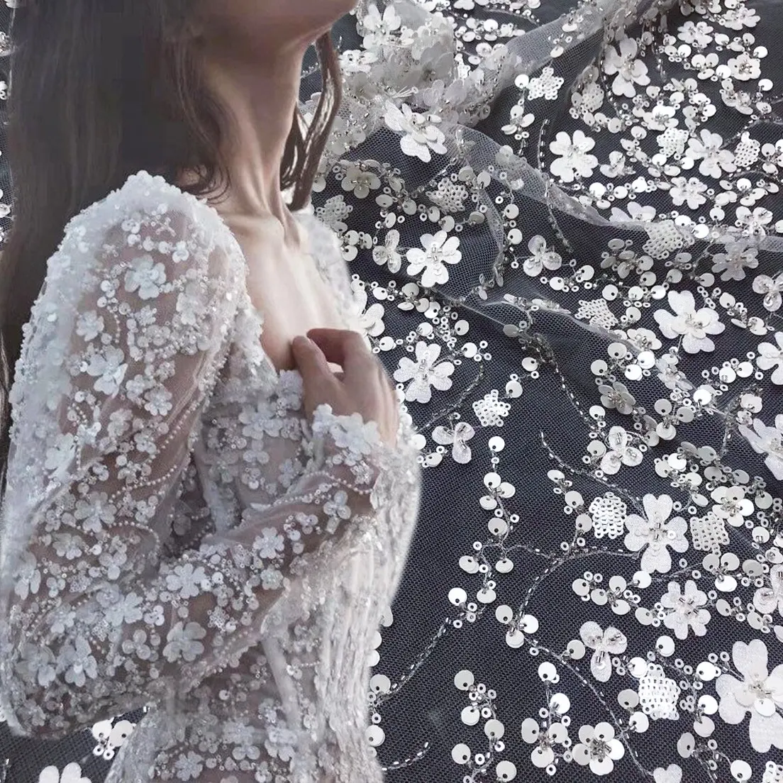 Bianco di lusso ricamo in rilievo tessuto avorio 3d fiori tulle tessuto da sposa bianco tessuto di pizzo per abito da sposa