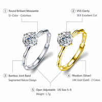 Bague ouverte ajustable en moissanite 1 carat couleur D VVS, en argent sterling S925 plaqué rhodium et or 14K, coupe 3EX, cadeau d'anniversaire, bagues GRA