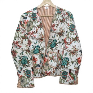 Women's Short Colorful Knitted 100% Cotton Breathable Quilted Floral Print Button Jacket Fashion Patch Outerwear Front Winter - Product Image 1