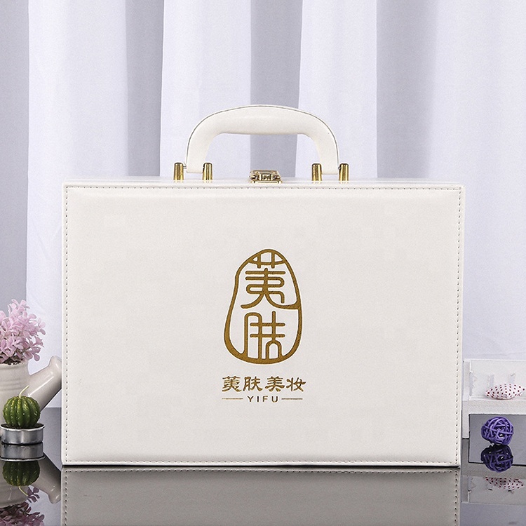 Customized luxury white portable cosmetic packaging wooden box with eva lining leather box