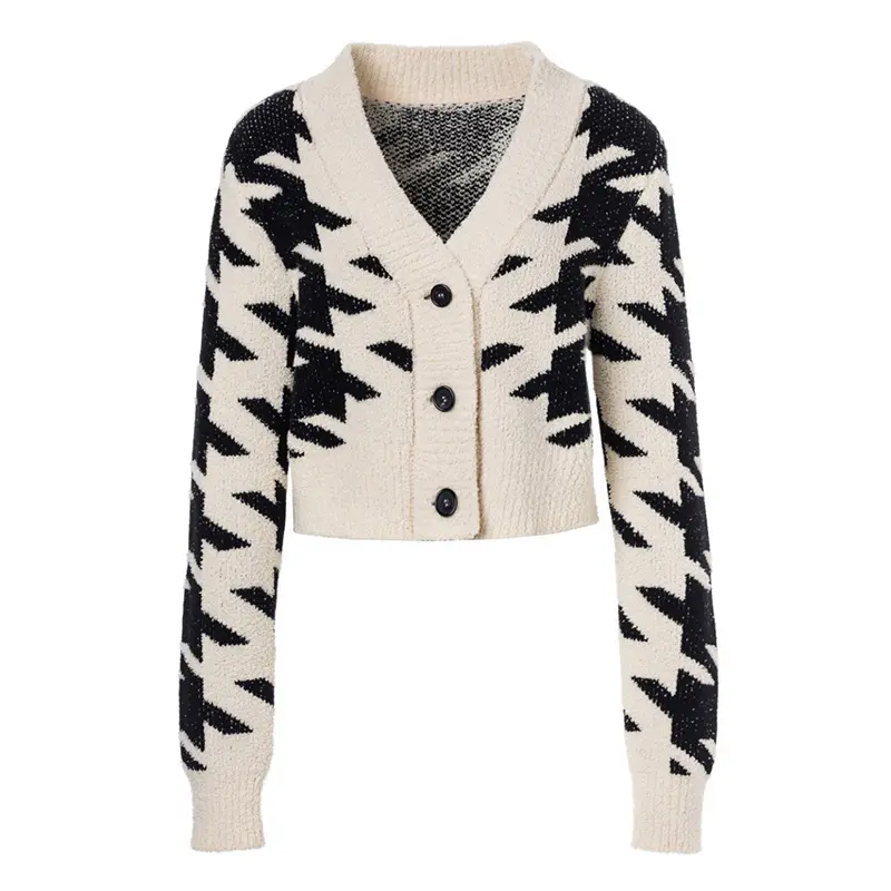 2023 autumn and winter black and white V-neck knitted sweater coat cardigan women's short style long sleeve top