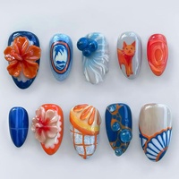Ongles à presser 3D style européen et américain, motif myrtille et chat, forme amande, dégradé, style vacances à l'île, patchs d'ongles