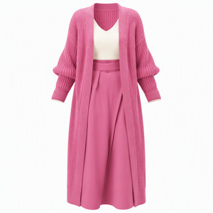 Set Due Pezzi da Donna: Cardigan Lavorato a Maglia e Gonna Midi, Autunno <span class=keywords><strong>Inverno</strong></span>, 7 Colori, OEM ODM, Vendita all'Ingrosso, Etichetta Privata, Ordine all'Ingrosso, Prezzo di Fabbrica - Product Image 1