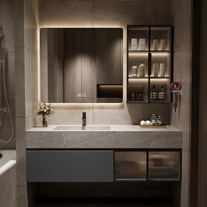 Simple slate integrated basin solid wood bathroom cabinet simple hanging smart wash basin cabinet <b>wall</b> cabinet - Product Image 3