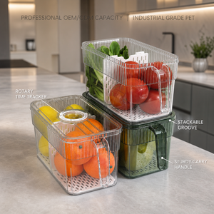 Boîte <span class=keywords><strong>de</strong></span> rangement hermétique pour <span class=keywords><strong>réfrigérateur</strong></span> avec dateur et plateau <span class=keywords><strong>de</strong></span> drainage, en PET sans BPA, pour fruits et <span class=keywords><strong>légumes</strong></span>, vente en gros, OEM - Product Image 1