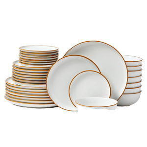 32-Piece White Ceramic Scenic Pattern <b>Dinnerware</b> <b>Set</b> Gold Rim 8 Servings Includes Plates Bowls Durable Everyday Use Tableware - Product Image 1