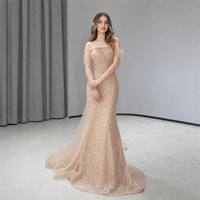 Robe de soirée sirène à sequins champagne, épaules dénudées, manches tombantes perlées, corset et traîne, pour soirée, fournisseur personnalisé, vente en gros