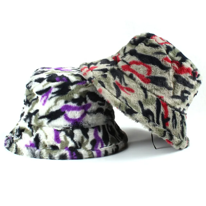 Hign Quality Fuzzy fur Winter Warm Flat Top Camouflage Print Faux Rabbit Fur Fuzzy Bucket Hat For Women