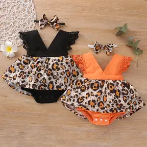 2021 Bayi Gadis V-Leher Cheetah Cetak Bodysuit + Headband Bayi Gadis Renda Jumpsuit Tanpa Lengan 0-1 Tahun