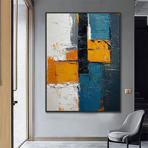 Décoration d'intérieur, peinture sur toile abstraite géométrique jaune et bleue contemporaine, faite à la main avec un <span class=keywords><strong>couteau</strong></span> à palette en <span class=keywords><strong>acrylique</strong></span> - Product Image 5