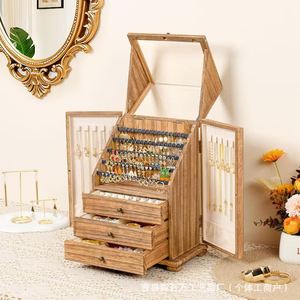Boîte à bijoux en bois massif 13,58x10,83x6,1 pouces, rangement multi-niveaux avec porte en verre pour boucles d'oreilles, bagues, colliers, bracelets - Product Image 3