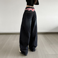 Jeans de Mujer de Tiro Bajo, Estilo Harem, Pierna Ancha, con Estampado de Texto, Ajuste Holgado, Lavado Azul Oscuro, con Bolsillos