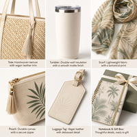 Kit de bienvenue personnalisé pour les voyages en resort, comprenant un sac fourre-tout, un gobelet isotherme, une écharpe, une pochette, une étiquette de bagage et un carnet