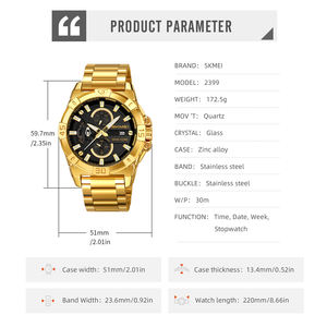 Reloj de Cuarzo para Hombre Skmei 2399 Dorado, Plateado y Negro, Correa de Acero Inoxidable, Diseño Simple de Dibujos Animados, Resistente al Agua 3ATM, Luminoso, Venta al Por Mayor - Product Image 5