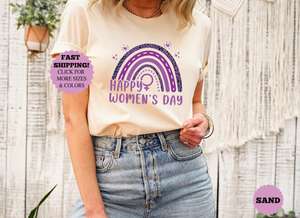 T-shirt Happy Women's Day per donna, manica corta, stampa arcobaleno, girocollo casual femminista, 100% cotone, jersey primavera estate - Product Image 3