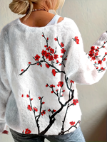 Pull en tricot pour femme, motif fleur de prunier rouge, nouveau style chinois 2026, col en V, coupe oversize, imprimé floral numérique