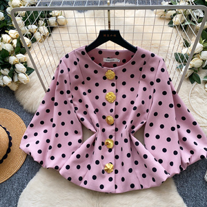Nouvelles chemises vintage à pois pour femmes 2026, chemisiers amples élégants à manches bouffantes avec boutons métalliques pour l'automne - Product Image 2