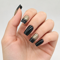 Ongles press-on ombrés noirs et dorés, longs et carrés, brillants, 24 pièces, faux ongles en acrylique réutilisables pour femmes
