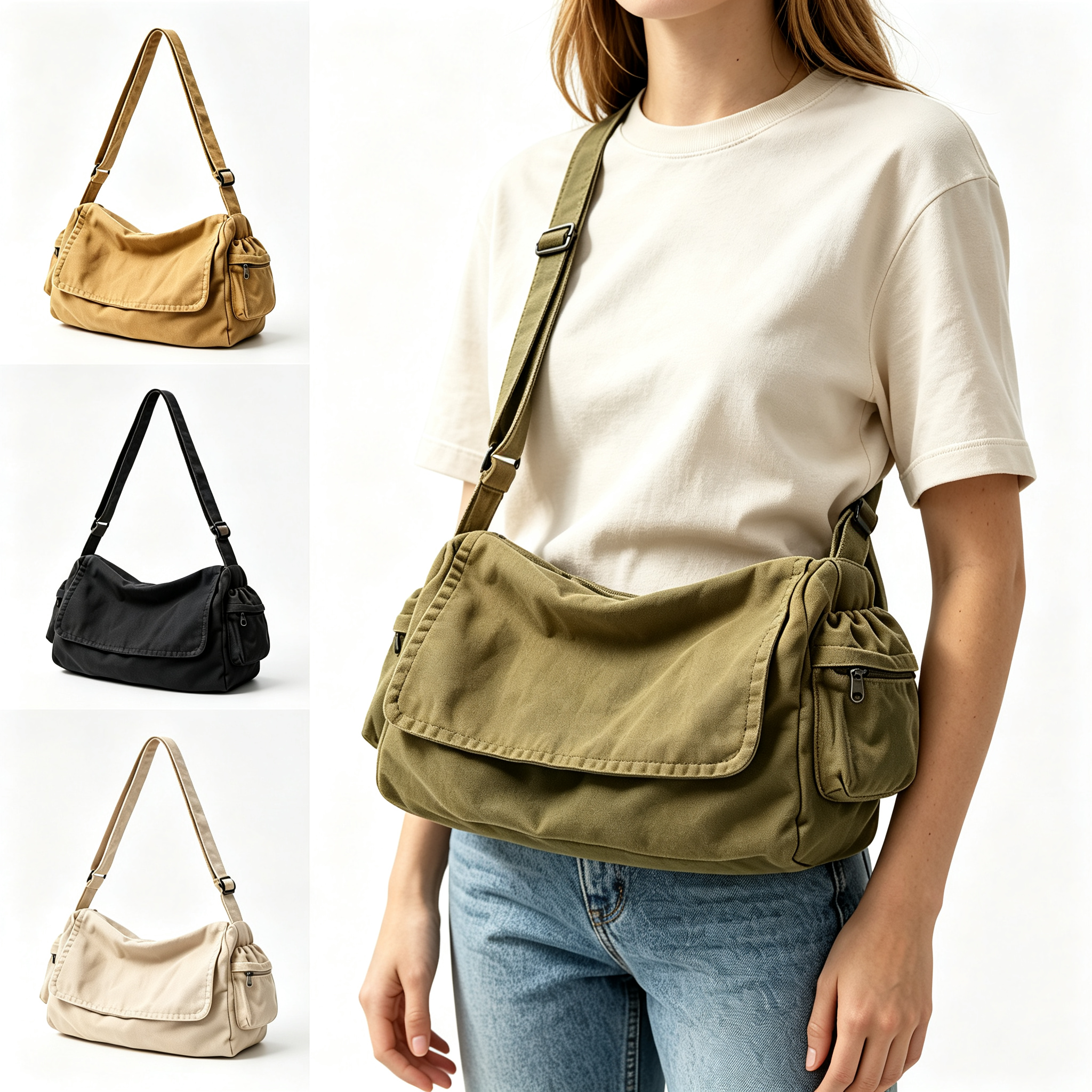 Vintage Washed Canvas Large Capacity Workwear Crossbody Bag