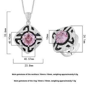 Fashion Eco-friendly Copper Vintage Geometric Pendant Ring Set 10MM Pink Cubic Zirconia Jewelry Set for Feminine Style - Product Image 2