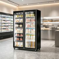 Congélateur vertical à double porte avec vitrine, écran intégral en verre, sans givre, refroidissement par air, congélation rapide pour supermarché