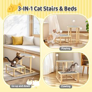 Wooden Cat Tree Tower 2 Levels Solid Wood <b>Scratching</b> <b>Post</b> With Bell Teaser For Small Cats Indoor Use - Product Image 3