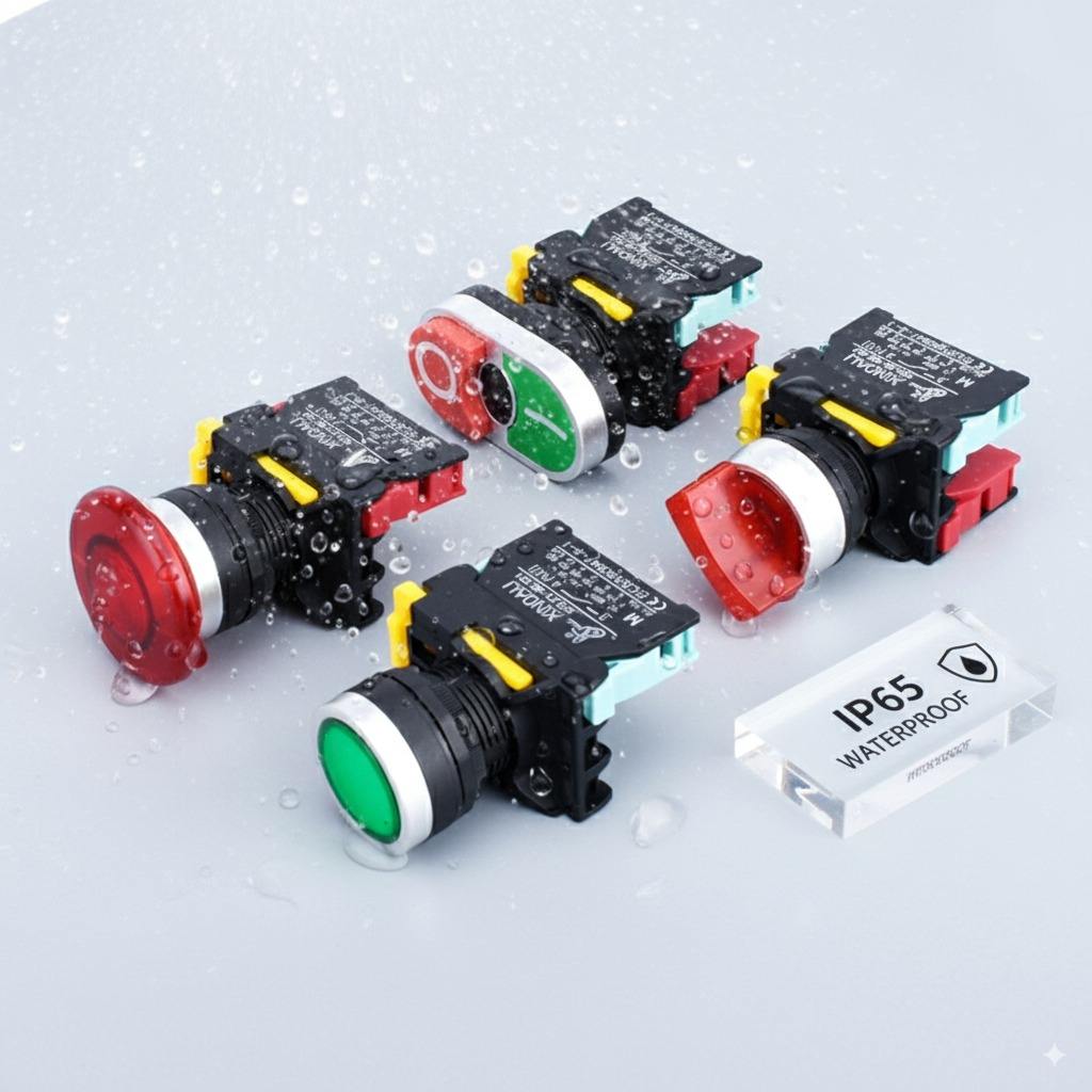 IP65 Waterproof Plastic Push Button Switch Flat Rotary Key Self-Reset Lock Dual Emergency Stop Switch Customizable With Light