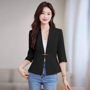 Elegant Professional Blazer For Women Spring Autumn 2025 Apricot Pink Black Solid Color Polyester Anti-Wrinkle Loose Fit Top - Product Image 3