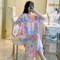Gaun Tidur Wanita Model Eropa Bahan Katun Sutra Satin Bernapas Motif Bunga Lengan Pendek Kerah Satu Sisi Sederhana Kasual untuk Musim Panas