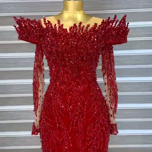 优雅的婚礼派对礼服红色美人鱼长沙特阿拉伯晚礼服定制勃艮第舞会礼服，带可拆卸火车 - Product Image 1