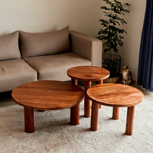 Modern Round Wood Coffee <b>Table</b> Set <b>Nesting</b> Minimalist Living Room Furniture Solid Wood Base - Product Image 1