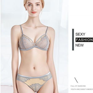 Conjunto de lencería sexy al por mayor: sujetador de copa triangular de encaje con pestañas, transpirable y de secado rápido, y bragas transparentes de encaje. - Product Image 5