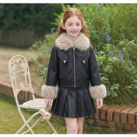 Ensemble de mode automne-hiver pour enfants, veste courte en PU à col en fourrure et jupe plissée pour séance photo