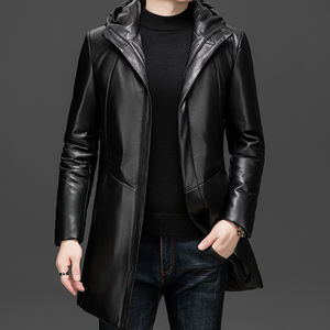 سترة جلدية رجالية للشتاء، تصميم جديد، متوسطة الطول، بغطاء للرأس، من جلد الغنم، محشوة بريش البط الأبيض، معطف واقي من الرياح عالي الجودة - Product Image 1