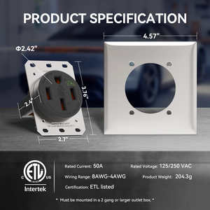 Receptáculo de Carga para Vehículos Eléctricos de 50 Amperios, Tomacorriente NEMA 14-50R, 125/250 Voltios, Ideal para Vehículos Eléctricos y Autocaravanas, con Certificación ETL - Product Image 3