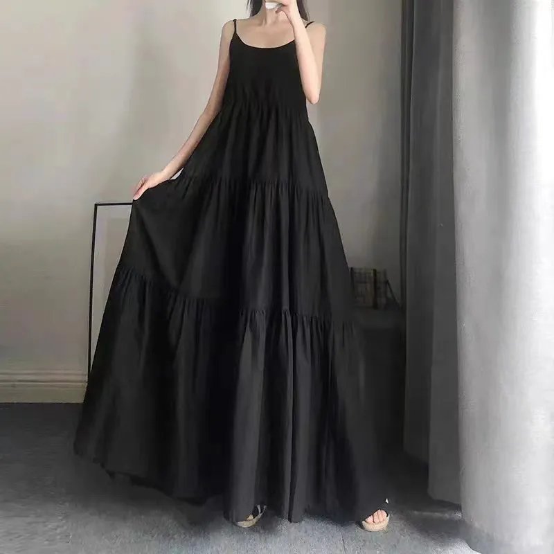 느슨한 대형 300 캐티 여름 블랙 A 라인 스커트 롱 스트랩 드레스 여성 뚱뚱한 mm 키 큰 여자의 드레스
