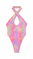 Carnaval Maandag Kleding Metallic Holografische Keyhole Monokini 2026 Zomer Vrouwen Festival Rave Bodysuit Groothandel OEM Privé Label