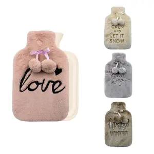 Cheap good quality rubber hot water bottle bag with embossed love plush cover and pom poms
