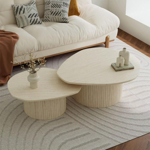 Set di 2 Tavolini da Caffè Moderni Japandi con Base Scanalata Effetto <span class=keywords><strong>Travertino</strong></span>, Arredamento per Soggiorno, Prezzo Diretto di Fabbrica - Product Image 1