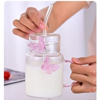 Gobelet en verre borosilicate rose monocouche de haute qualité avec paille papillon pour filles, idéal pour jus, lait, thé, eau - Usage domestique