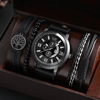 Montre-bracelet à quartz pour homme, style sport décontracté, en acier inoxydable, verre, bracelet en cuir, affichage date et chiffres, ensemble 4 pièces, style simple et classique pour affaires