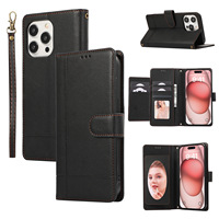 Étui portefeuille en cuir PU avec miroir intégré pour iPhone 12 13 14 15 16 17 Pro Max avec cordon de suspension