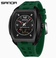 Montre à quartz pour homme avec double affichage, boîtier tonneau bleu marine, date, semaine, alarme, résistante à l'eau, bracelet en silicone, sport