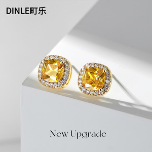 Dinle S925 Sterling <b>Silver</b> <b>Stud</b> Earrings Golden Sugar Cube Bezel Setting Everyday Wear For Women - Product Image 5