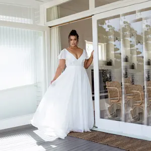 Sexy Deep V Neck Fat Woman Simple Big Size Beach A Line Wedding Dress