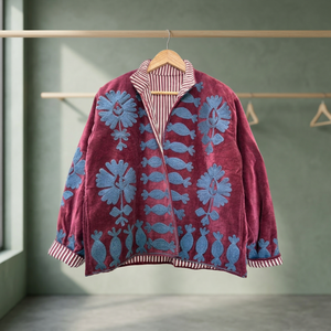 <b>Women's</b> <b>Velvet</b> Blouson <b>Jacket</b> Red With Blue Floral Embroidery Stand Collar Full Sleeve Autumn Outerwear Suzani <b>Jacket</b> <b>Woman</b> - Product Image 4